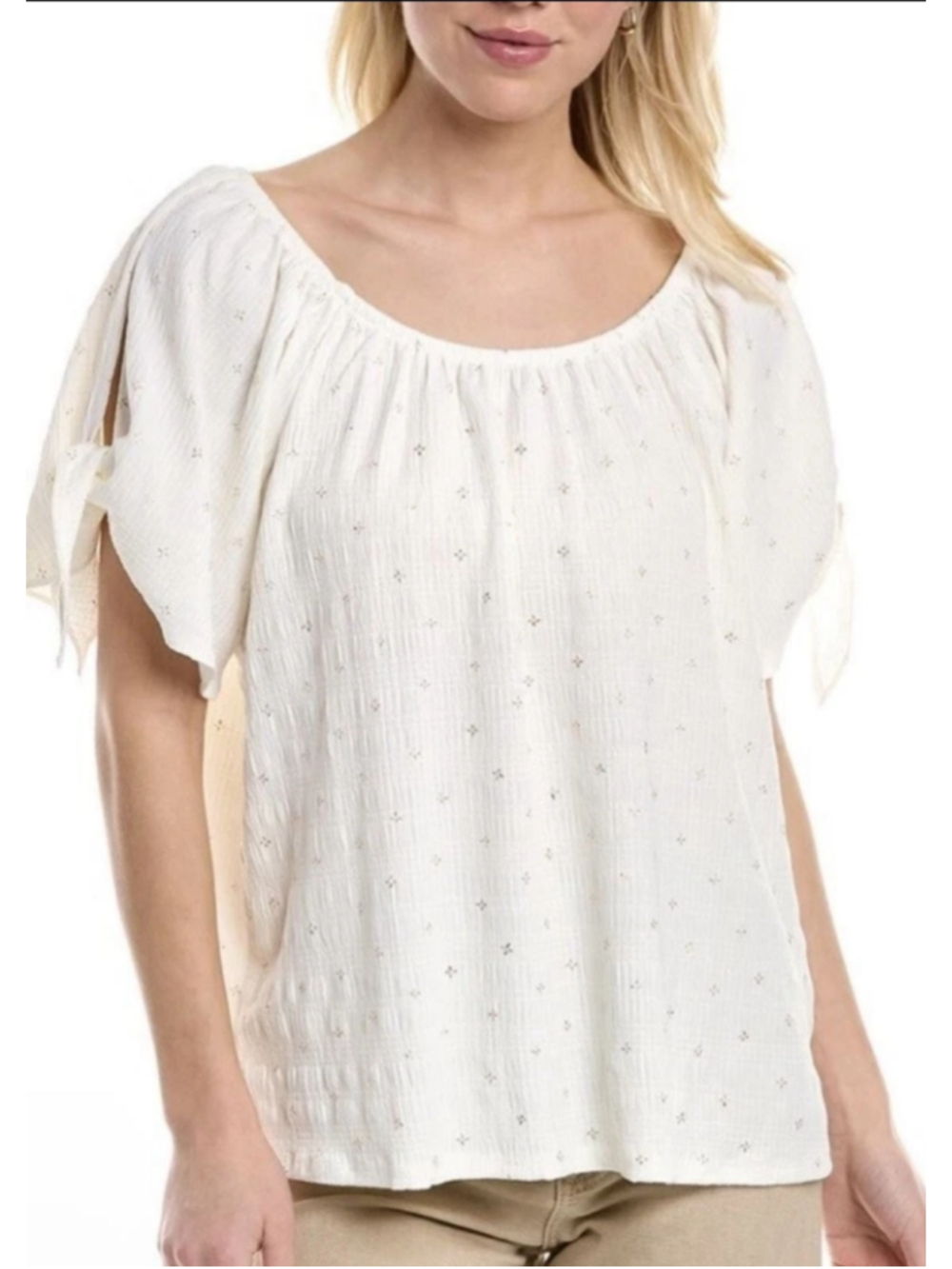 Vince Camuto Guazy Tie Sleeve Metallic Printed Blouse Top Ivory L